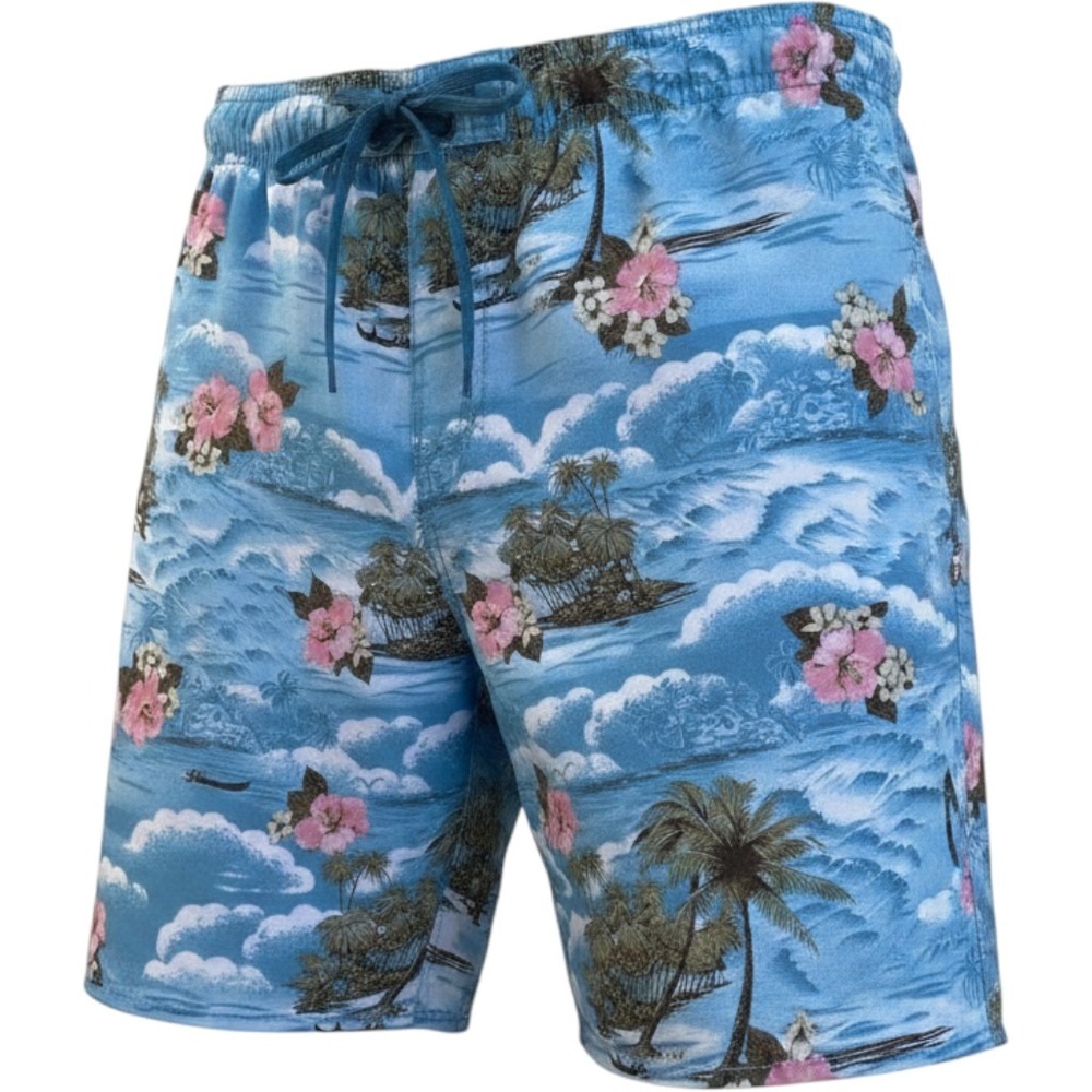Burnside Mens Blue Tropical Floral Swim Board Shorts Medium Island Palm Tree